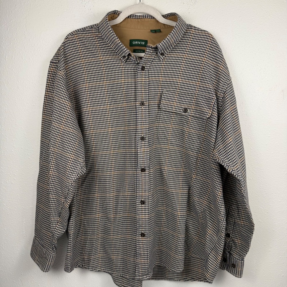 Orvis Mens XXL Classic Fit Button Down Shirt Tan Navy Micro Check Long Sleeve